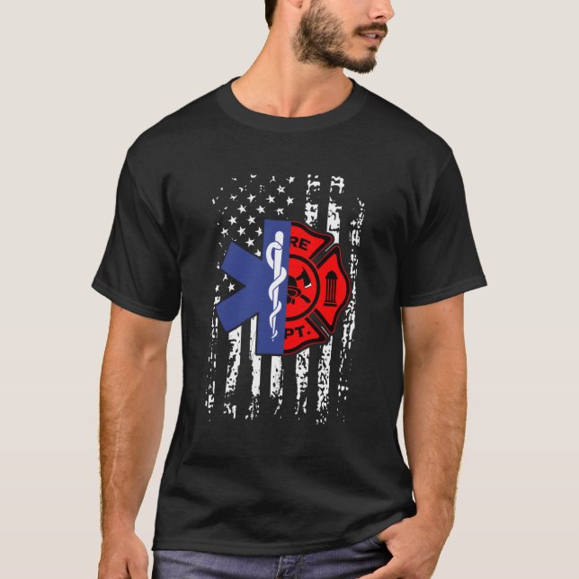 Emt Firefighter Firefighter American Flag Back Pri T-Shirt (Front)