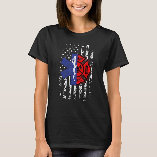EMT Firefighter Firefighter EMT American Flag Gift T-Shirt (Front)