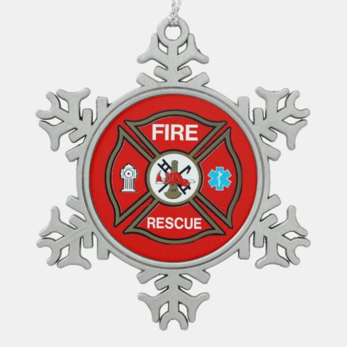 EMT Firefighter Maltese Cross Snowflake Pewter Christmas Ornament