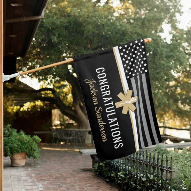 EMT First Responder Thin White Line EMS Retirement House Flag (In SItu)