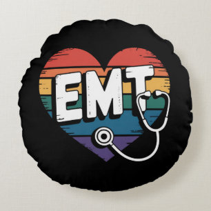 EMT Heart  – Gold Floral Stethoscope  Round Pillow