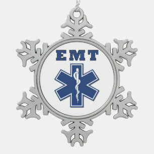 EMT Star of Life Snowflake Pewter Christmas Ornament