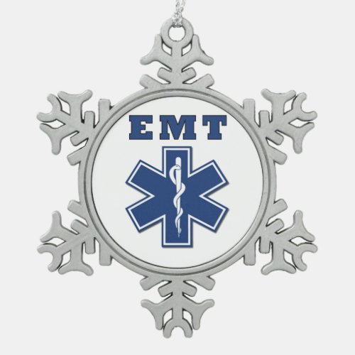 EMT Star of Life Snowflake Pewter Christmas Ornament