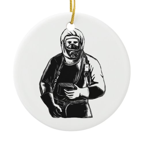 EMT Wearing Hazmat Suit Scratchboard Ceramic Ornament