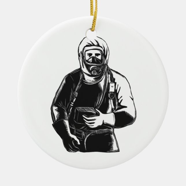 EMT Wearing Hazmat Suit Scratchboard Ceramic Ornament (Front)