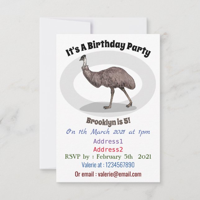 Emu bird cartoon illustration invitation (Front)
