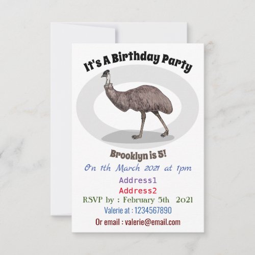 Emu bird cartoon illustration invitation