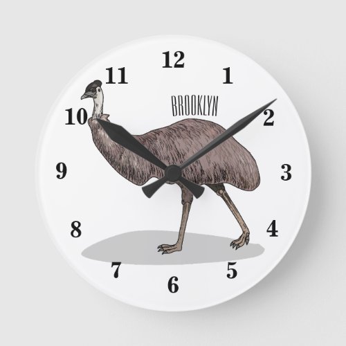 Emu bird cartoon illustration round clock