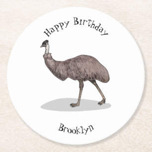 Emu bird cartoon illustration round paper coaster