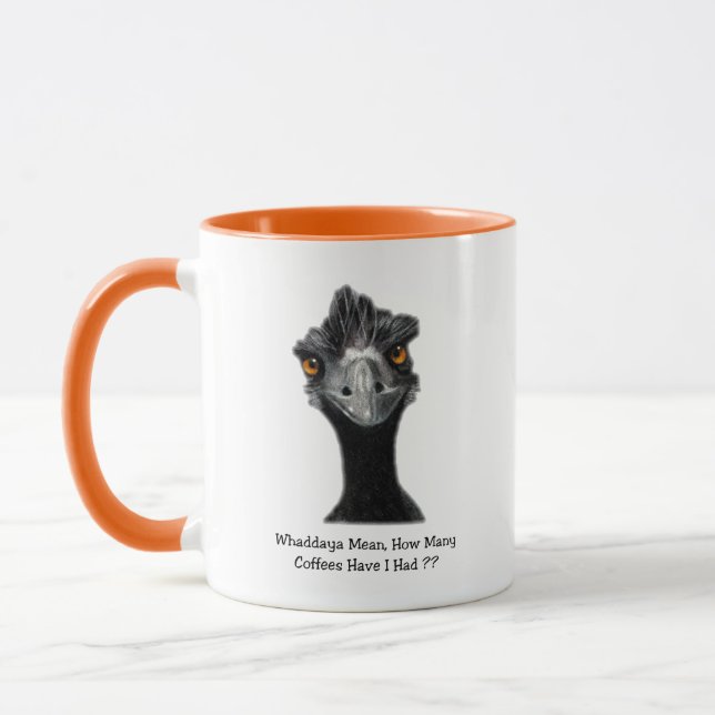 Emu: Funny, Humor: Too Many Coffees: Art Mug (Left)