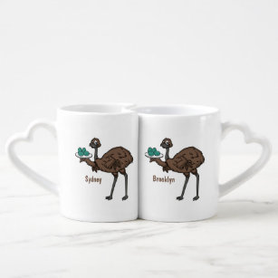 Emu with eggs cartoon illustration coffee mug set
