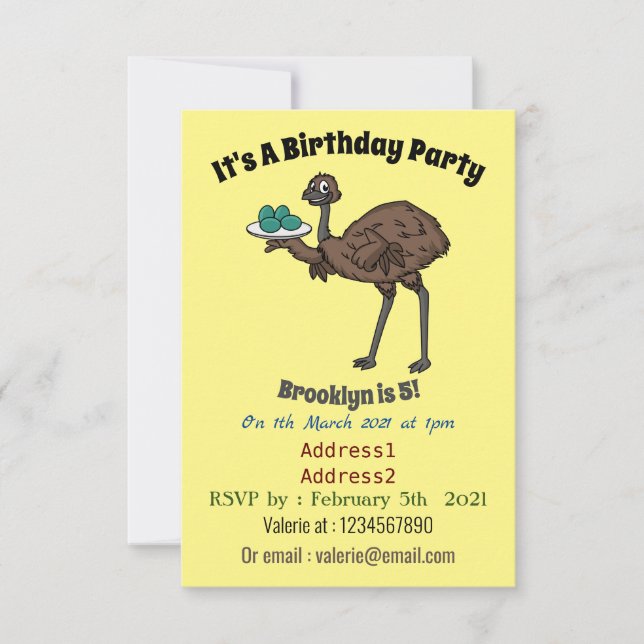 Emu with eggs cartoon illustration invitation (Front)