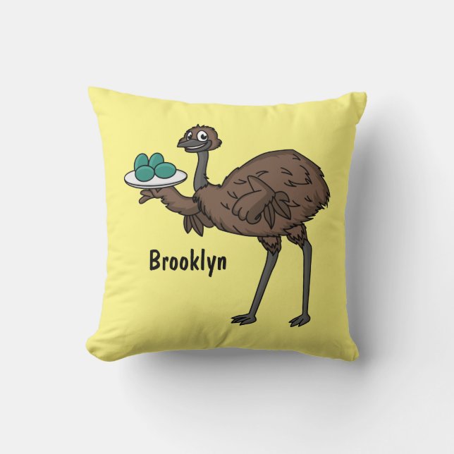 Emu with eggs cartoon illustration throw pillow (Front)