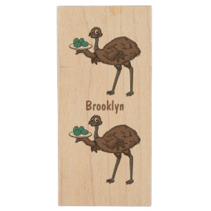 Emu with eggs cartoon illustration wood flash drive