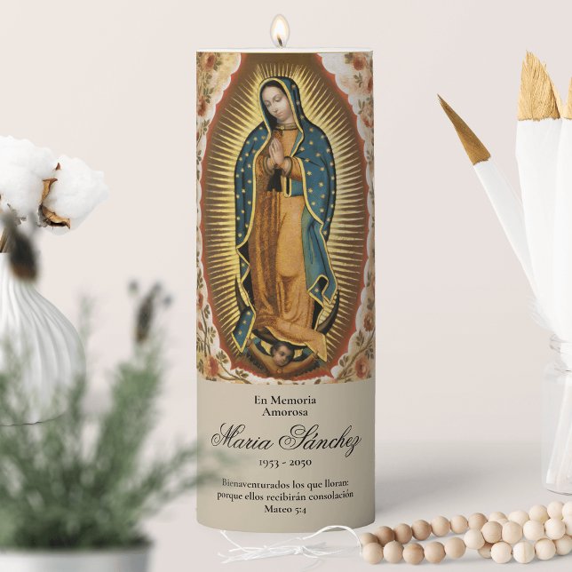 En Memoria Virgen de Guadalupe Funeral Pillar Candle (Virgen de Guadalupe, Our Lady of Guadalupe, funeral keepsake, funeral candles, Celebration of Life)