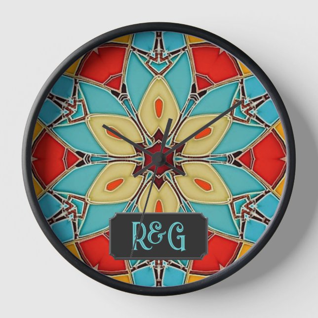 Enamel Glass Tile Shapes - Flower with Monograms Clock (Front)