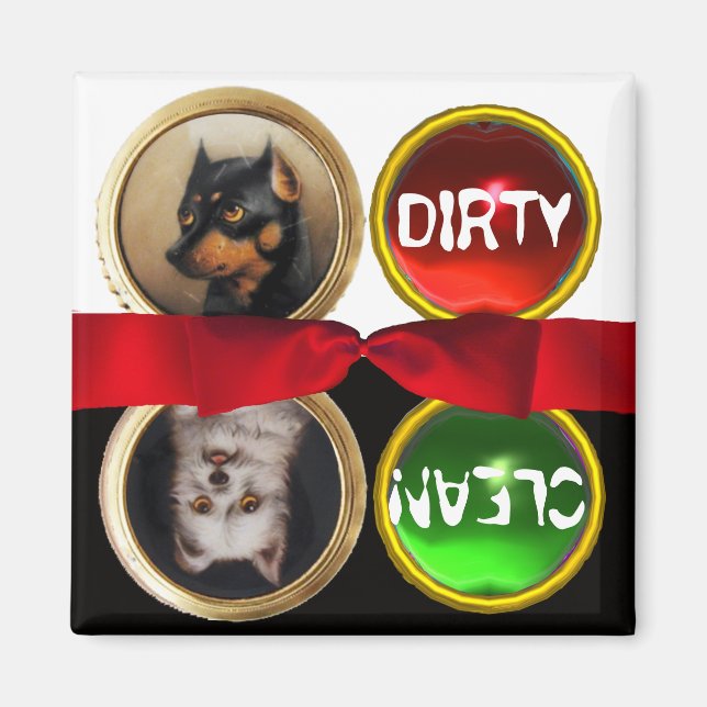 ENAMEL MINIATURE DOG PORTRAITS DIRTY CLEAN MAGNET (Front)