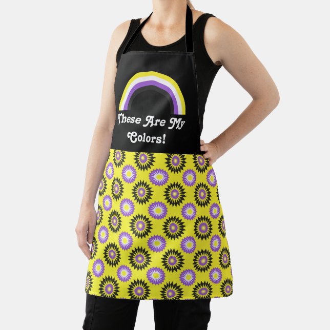 Enby pride flag and rainbow with text / yellow apron (Insitu)