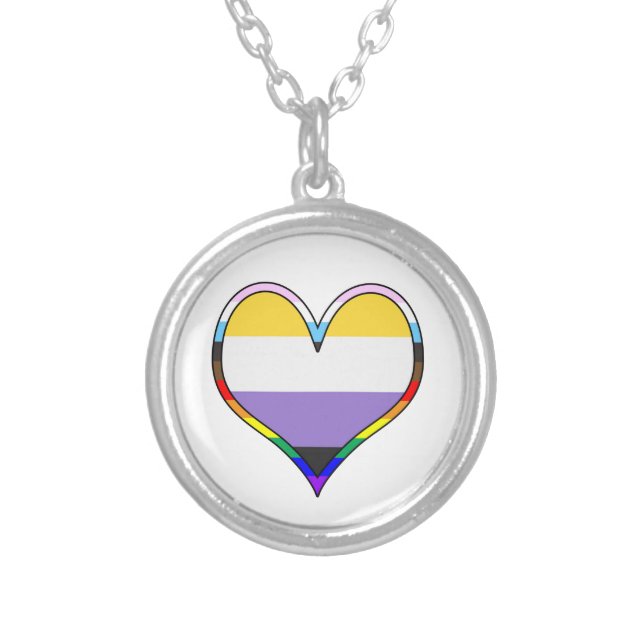Enby Pride Heart Silver Plated Necklace (Front)