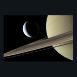 Enceladus and Saturn Poster<br><div class="desc">Digital artwork depicting Saturn and one of it's moons, Enceladus Enceladus is home to many geysers that add material to the faint "E" Ring. Also visible in the foreground are Prometheus and Pandora. Prometheus runs along the inner side of the "F" ring, and acts as a "Shepherd, " keeping the...</div>