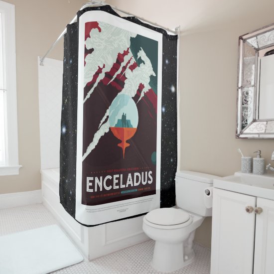Enceladus Moon of Saturn advert for space tourism Shower Curtain