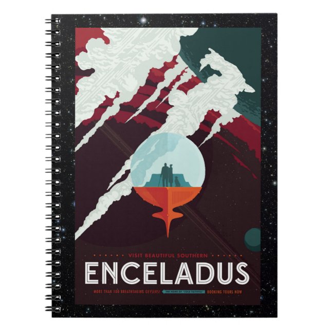 Enceladus Moon of Saturn retro space tourism ad Notebook (Front)