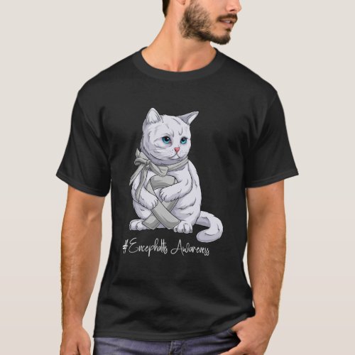 Encephalitis Awareness Month Silver Ribbon Cat T_Shirt