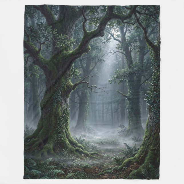 Enchanted Ancient Forest | Misty Woodland Sunlight Fleece Blanket (Front)