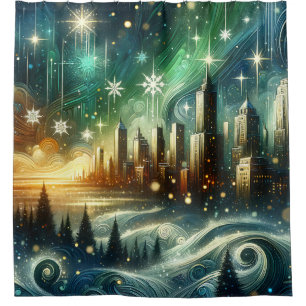 “Enchanted Aurora Winter Cityscape” Shower Curtain