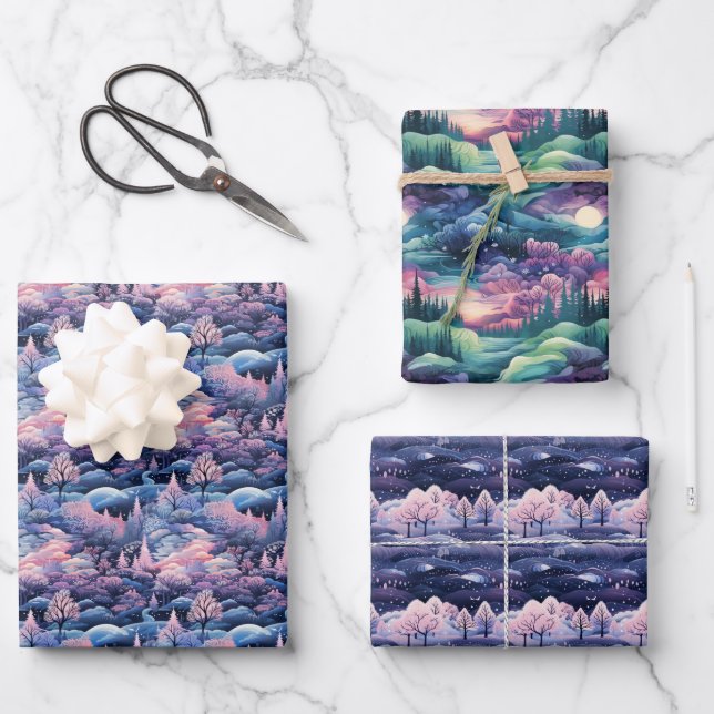 Enchanted Aurora Wonderland: Winter Design Wrapping Paper Sheets (Front)