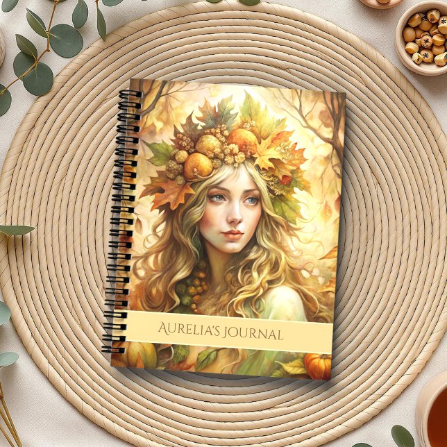 Enchanted Autumn Forest Fairy Notebook (Enchanted Autumn Forest Fairy Notebook on a boho table with botanicals and a cup of tea.)