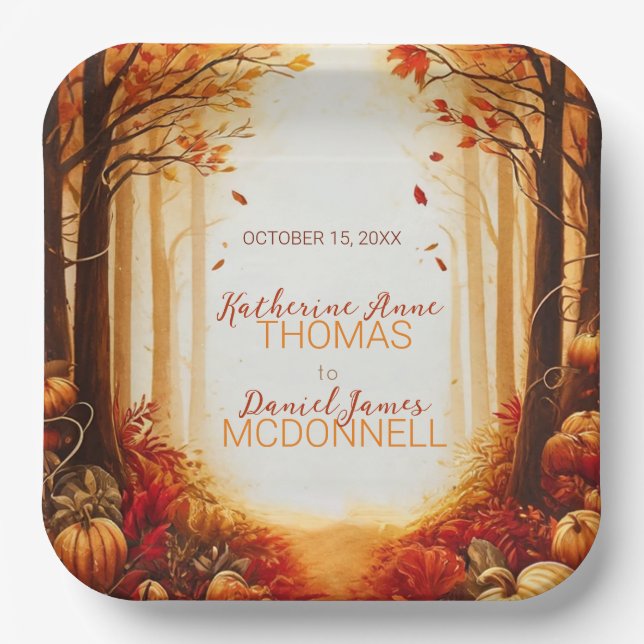 Enchanted Autumn Harvest Silhouette Wedding Paper Plates (Front)