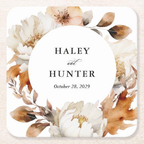 Enchanted Autumn Rustic Blooms Botanical Wedding Square Paper Coaster