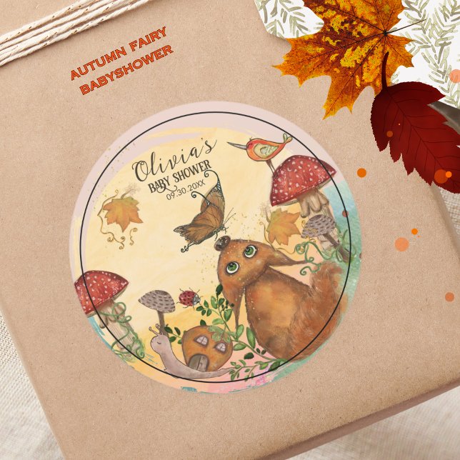 Enchanted Autumn Woodland Baby Shower  Classic Round Sticker (Enchanted Autumn Woodland Baby Shower Classic Round Sticker)