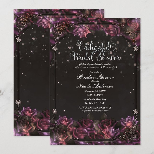 Enchanted Berry Roses Dark Floral Garden Bridal  Invitation (Front/Back)