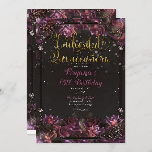 Enchanted Berry Roses Dark Floral Quinceaera  Invitation