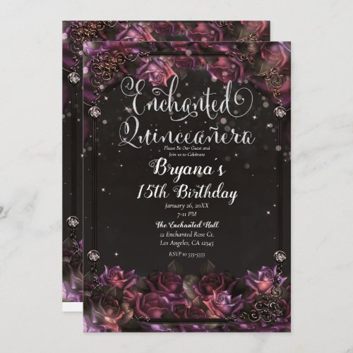 Enchanted Berry Roses Dark Floral Quinceaera Invitation