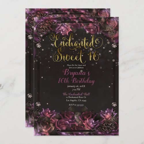 Enchanted Berry Roses Floral Gold Sweet 16 Party Invitation