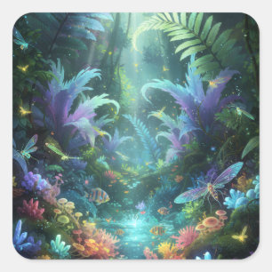 Enchanted Bioluminescent Forest Magical Jungle  Square Sticker