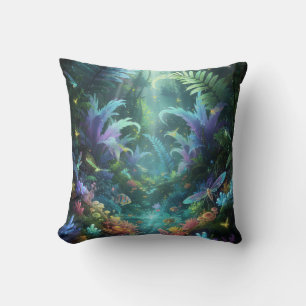 Enchanted Bioluminescent Forest Magical Jungle Throw Pillow