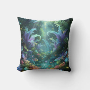 Enchanted Bioluminescent Forest Magical Jungle Throw Pillow