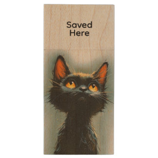Enchanted Black Cat 2 Text Areas Wood Flash Drive