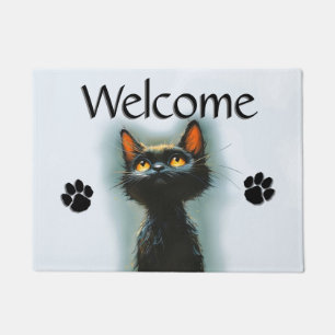Enchanted Black Cat and Paw Prints Welcome Doormat