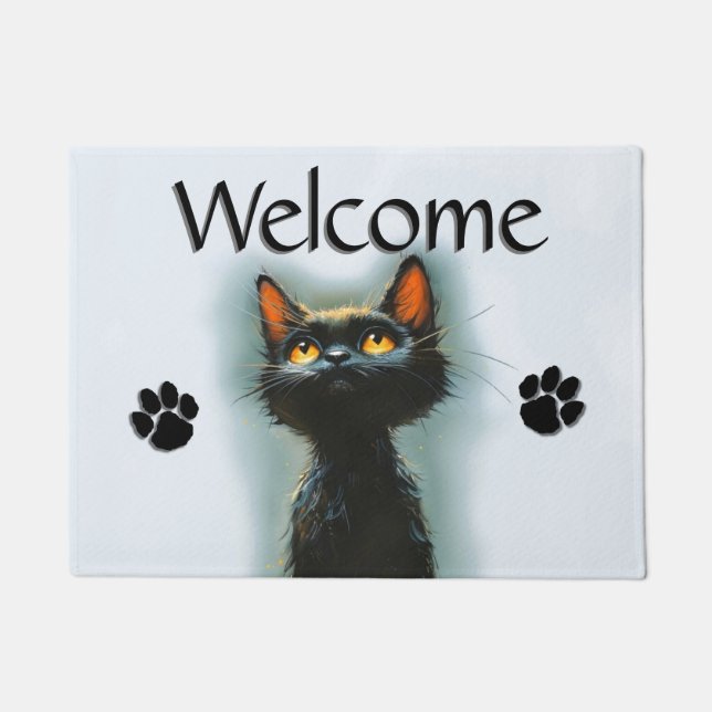  Enchanted Black Cat and Paw Prints Welcome Doormat (Front)