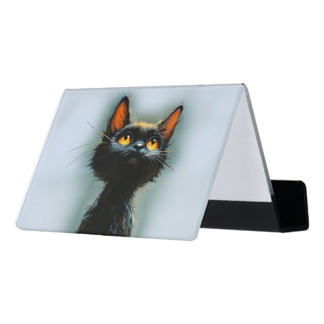 Enchanted Black Cat Desk Business Card Holder (Angled Back)
