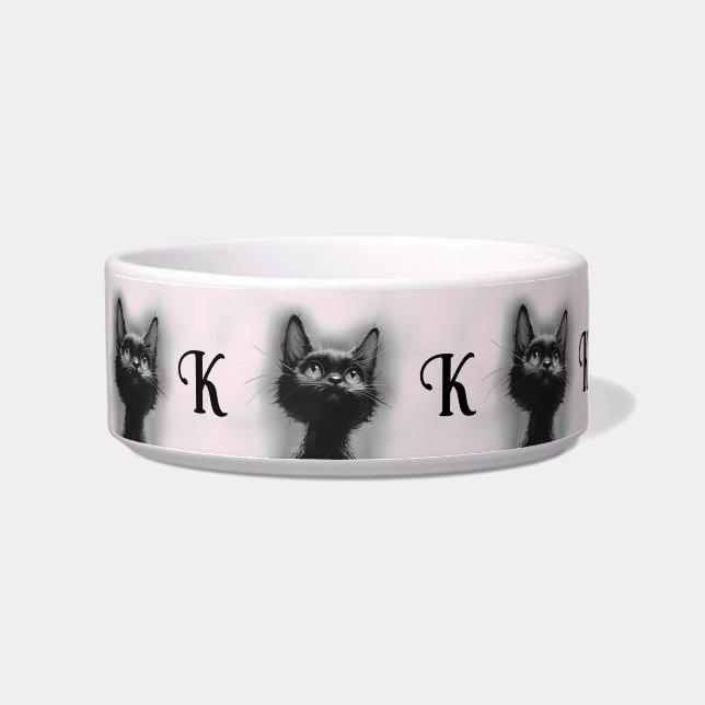 Enchanted Black Cat Initialed Pink Bowl (Left)