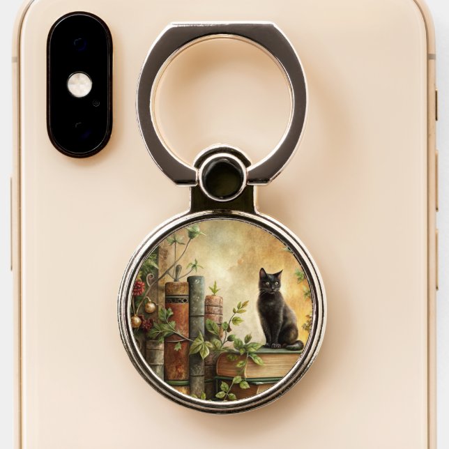 Enchanted Black Cat Library Phone Ring Stand (Close Up)