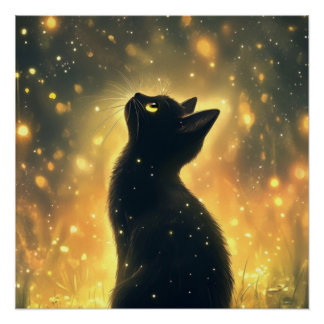 Enchanted Black Cat with Fireflies Artwork Poster