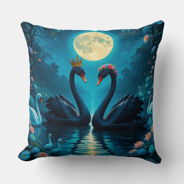 Enchanted Black Swan Under Moonlight Botanical  Throw Pillow (Front)