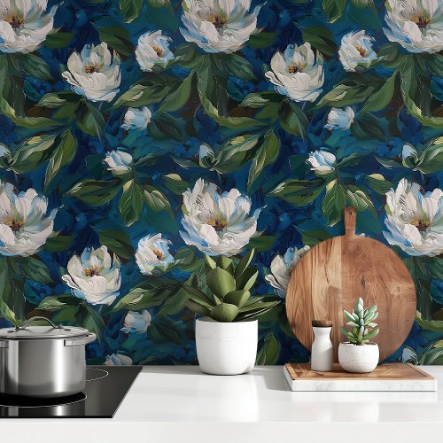 Enchanted Blooms White Peonies on Deep Blue Wallpaper